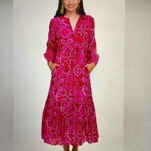 Olivia James pink and red mod print drawstring dress sz xs